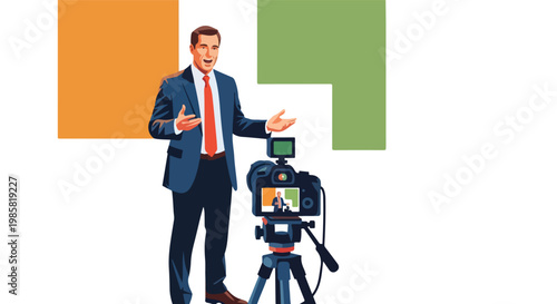 A man in a suit speaks energetically while being filmed by a professional camera