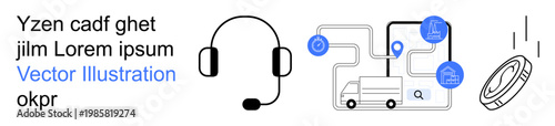 Customer service, logistics, delivery management, communication tools, transportation, route optimization. Black headset, map with delivery icons and falling coin. Customer service and logistics