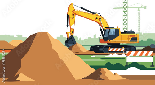 A yellow excavator at a construction site with piles of dirt and a tower crane