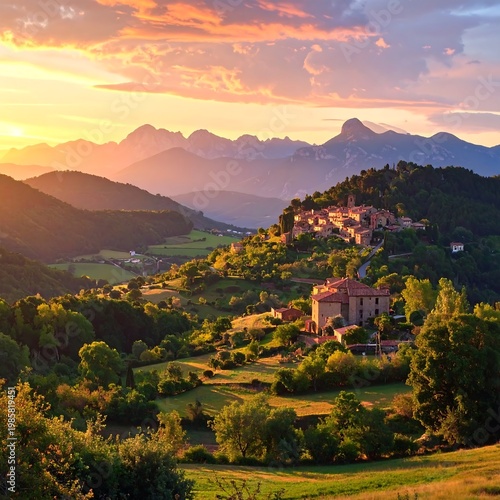 A serene landscape of rolling hills and mountains at sunset