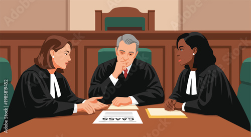 Three judges in black robes sit at a wooden table reviewing legal documents