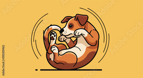 A cute, stylized brown and white puppy playing by chasing its own curled tail
