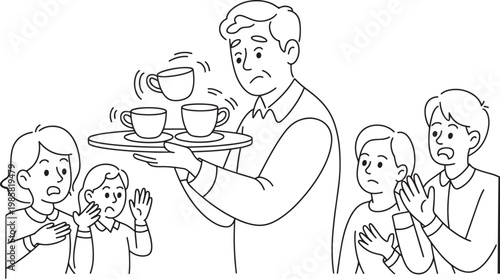Worried waiter dropping coffee cups spills drinks on shocked onlookers in this illustration
