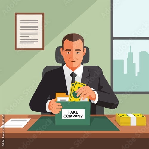 Businessman in a suit putting money into a folder labeled as a fake company