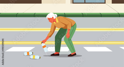 An elderly woman picking up discarded plastic water bottles from a city street