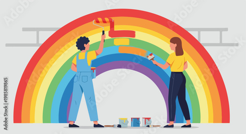Two people standing side by side and painting a colorful rainbow on a gray wall