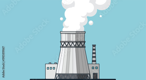 A flat vector illustration of a nuclear cooling tower emitting white steam plume