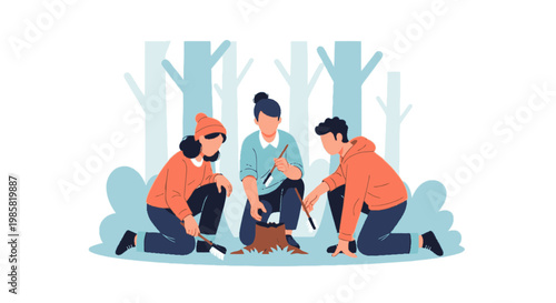 Group of People Planting Tree in Forest Environment