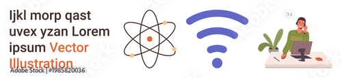 Education, technology, connectivity, remote work, science, innovation. Atom model, wireless icon person with laptop at desk. Education and technology through symbolic elements