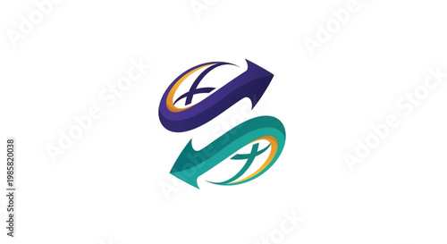 Modern abstract vector logo depicting two dynamic arrows in purple and teal with orange accents. Each arrow encircles a stylized Christian cross, symbolizing faith-based exchange and spiritual.