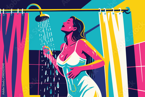 Vector Woman Taking a Shower Illustration Creative Design Template 