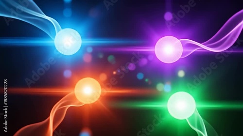 Abstract colorful glowing orbs with smoke trails and light rays background