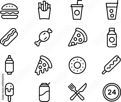 Fast Food Icons With Pizza And Chicken Leg burger french fries