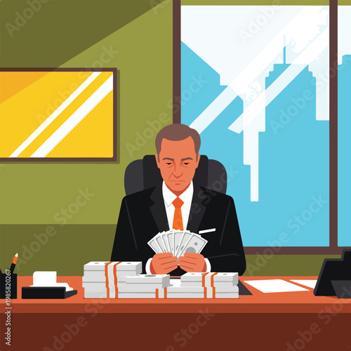 A serious businessman in a suit counts stacks of cash at an office desk
