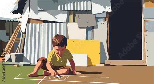 A young boy sits on the ground drawing with chalk in front of a makeshift shack