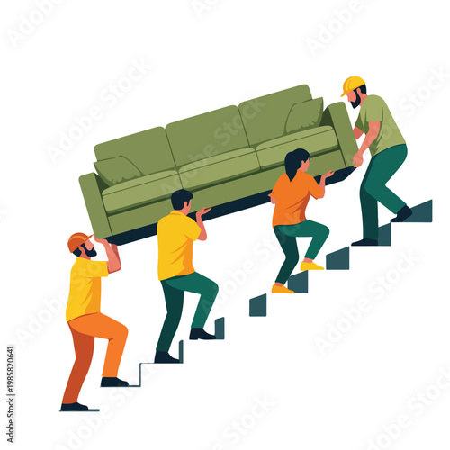Four movers in uniform carrying a large green couch up a flight of stairs