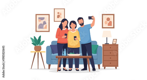 Happy young friends taking a selfie in cozy living room