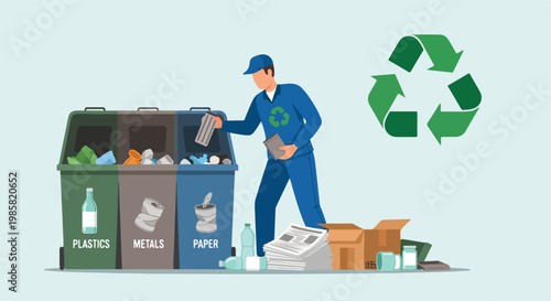 A worker in blue uniform sorting waste into labeled recycling bins with symbol