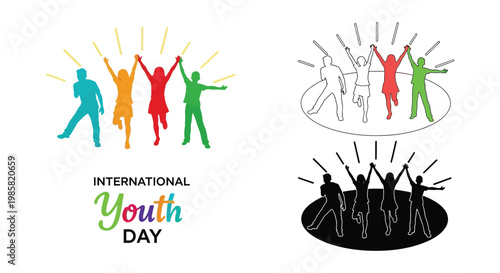Youth day celebration with colorful silhouettes of people rejoicing together
