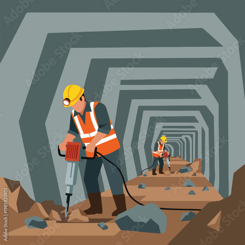 Two construction workers use jackhammers to break rock inside a concrete tunnel