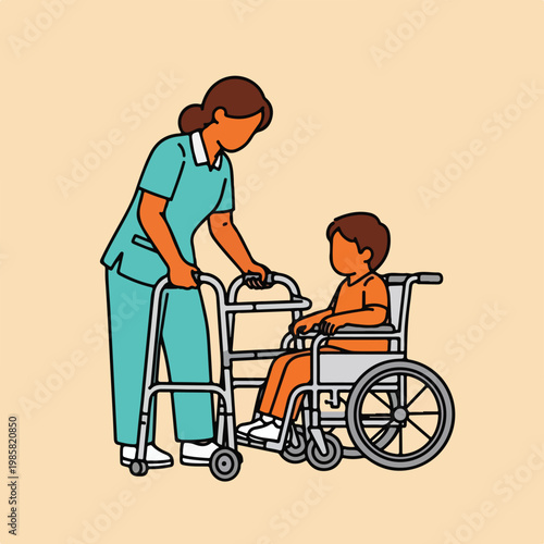 A nurse in scrubs helps a young boy in a wheelchair use a metal walking frame