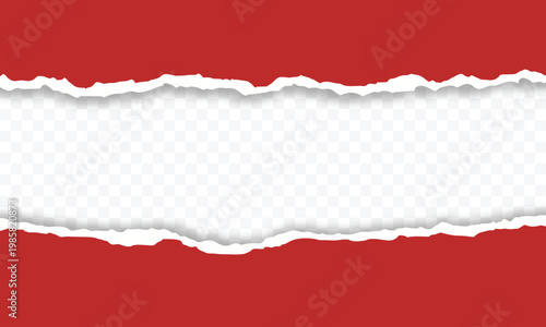 Red torn paper with torn edges isolated transparent in horizontal banner copy space design background