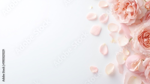 Soft pink roses and delicate petals arranged elegantly, creating a serene atmosphere perfect for wellness, beauty, or floral designs, Ideal for invitations, blogs, or marketing materials,