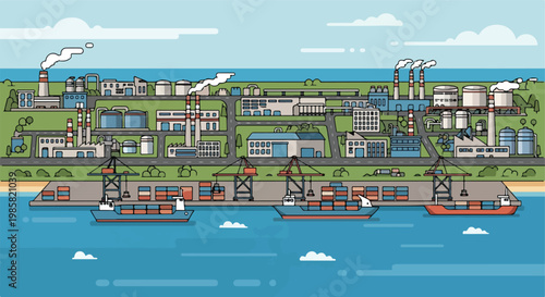 Illustration of a seaside industrial zone with factory buildings and cargo ships