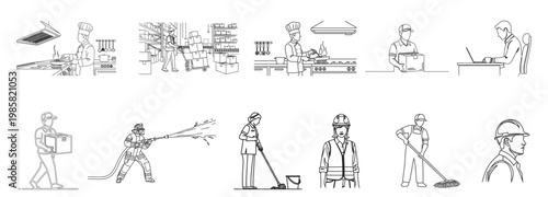 Set of minimalist illustrations depicting various human activities and interactions, including sports, work, and leisure on a white background. Conceptual sketch style.