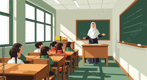 A teacher in a hijab stands at a desk in a classroom filled with young students