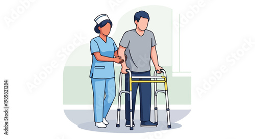 A nurse assists a patient using a medical walker to improve their mobility today