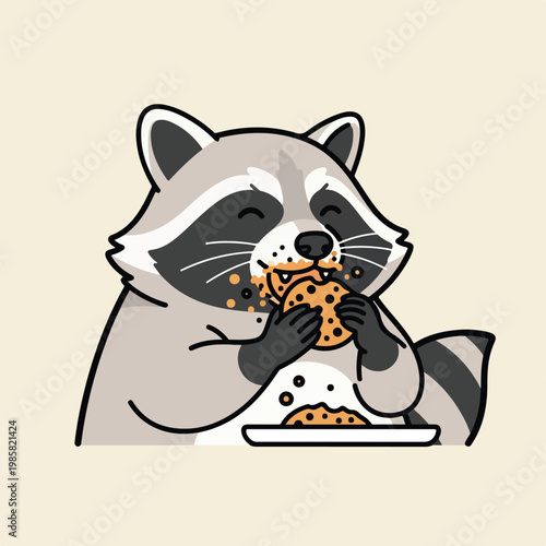 A cute cartoon raccoon happily eating a chocolate chip cookie on a small plate