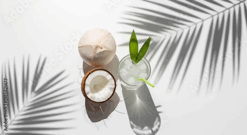 Coconut, refreshing drink, tropical palm shadows, white background, summer vibes, coconut water