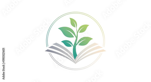 A modern conceptual logo featuring a green plant growing out of an open book inside a circular frame. This vector illustration symbolizes educational growth, environmental knowledge.