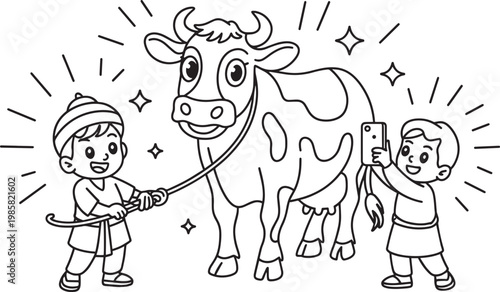 Two happy children taking a selfie with a cow in outline illustration for boy and leash