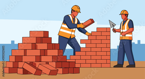 Two construction workers in high-visibility vests building a brick wall outside