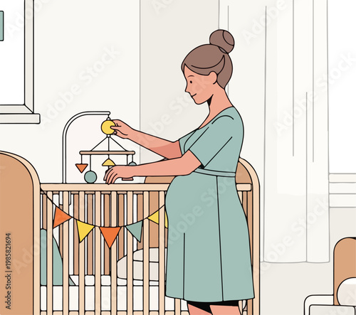 A pregnant woman stands beside a baby crib adjusting a nursery mobile decoration