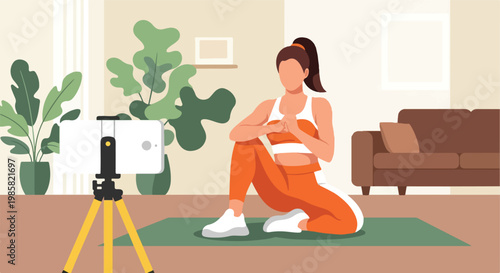 A woman in athletic wear practices yoga while filming herself on a smartphone