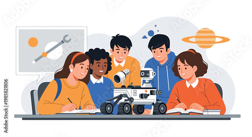 Diverse Group of Students Collaborating on Robotics Project in Classroom.