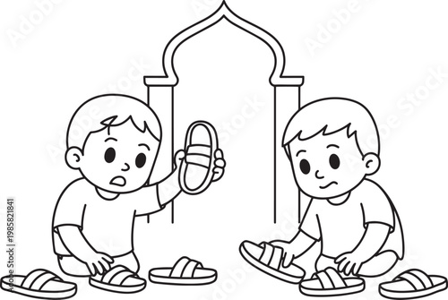 Two worried boys picking up sandals near an arched doorway illustration in outline style