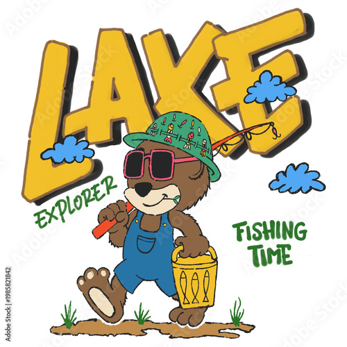 Valokuva Cool bear fishing in the lake illustration