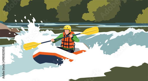Person in orange life vest paddles a kayak through turbulent river white water