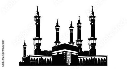 Spiritual illustration depicting the holy Kaaba, an emblem of the sacred Hajj pilgrimage for Muslims, with elegant text below