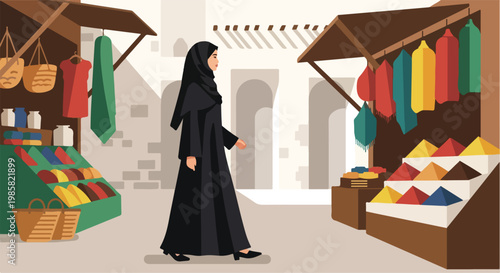 A woman in a traditional black abaya walks through a vibrant Middle Eastern souk