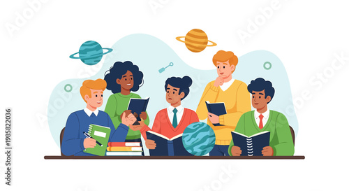 Diverse Group of Students Engaged in Reading Books Together.