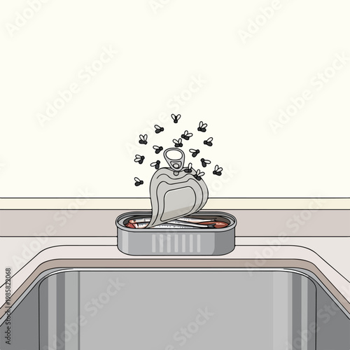 Open can of sardines sitting on a sink counter surrounded by a swarm of flies