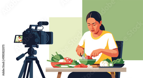 Woman recording a cooking video with a camera on a tripod in her home kitchen