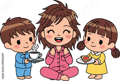 Happy mother in pajamas receiving breakfast in bed from her young son and daughter on special day.