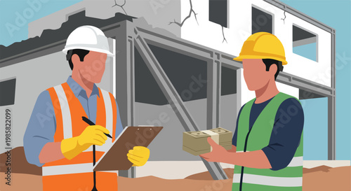 Construction workers exchanging money and documentation at a building site