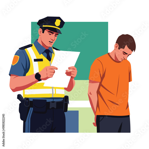A police officer reads a document to a young man standing with hands behind back